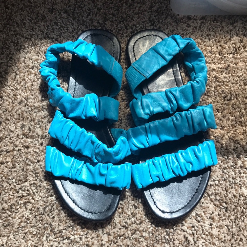 STAUD Blue Leather Elastic Stretchy Strappy Wrap Flats Sandals
